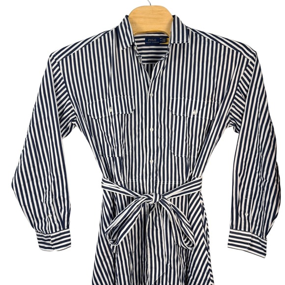 Polo Ralph Lauren Dresses & Skirts - Polo Ralph Lauren Shirt Dress Womens 16 Navy White Stripe Poplin Belted Midi